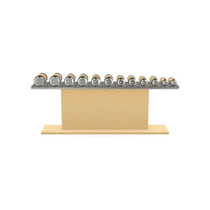 Luxury gym equipment, 6 pair of dumbbells on horizontal wooden stand, made with stainless steel, Italian grey leather and natural ash wood.