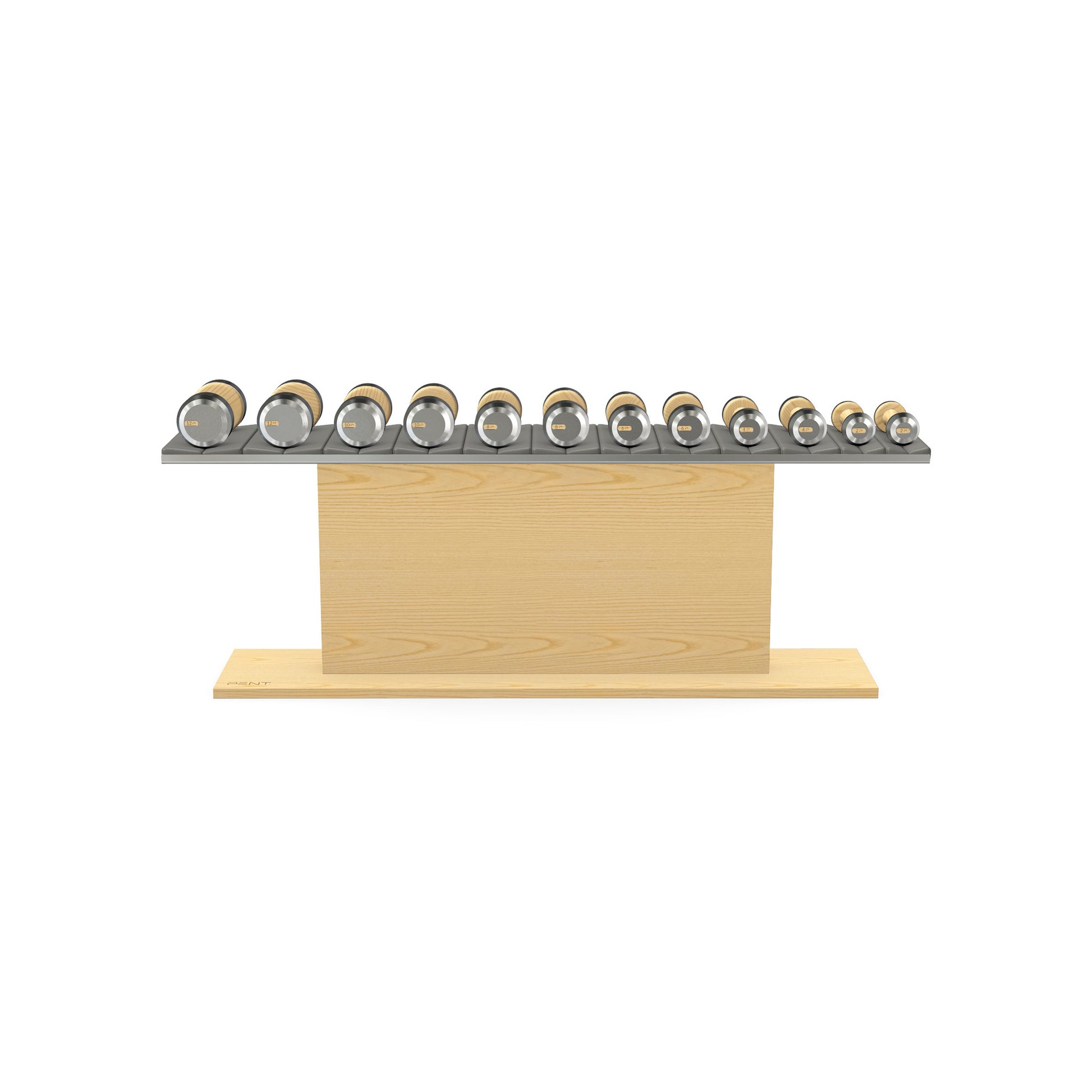 Luxury gym equipment, 6 pair of dumbbells on horizontal wooden stand, made with stainless steel, Italian grey leather and natural ash wood.
