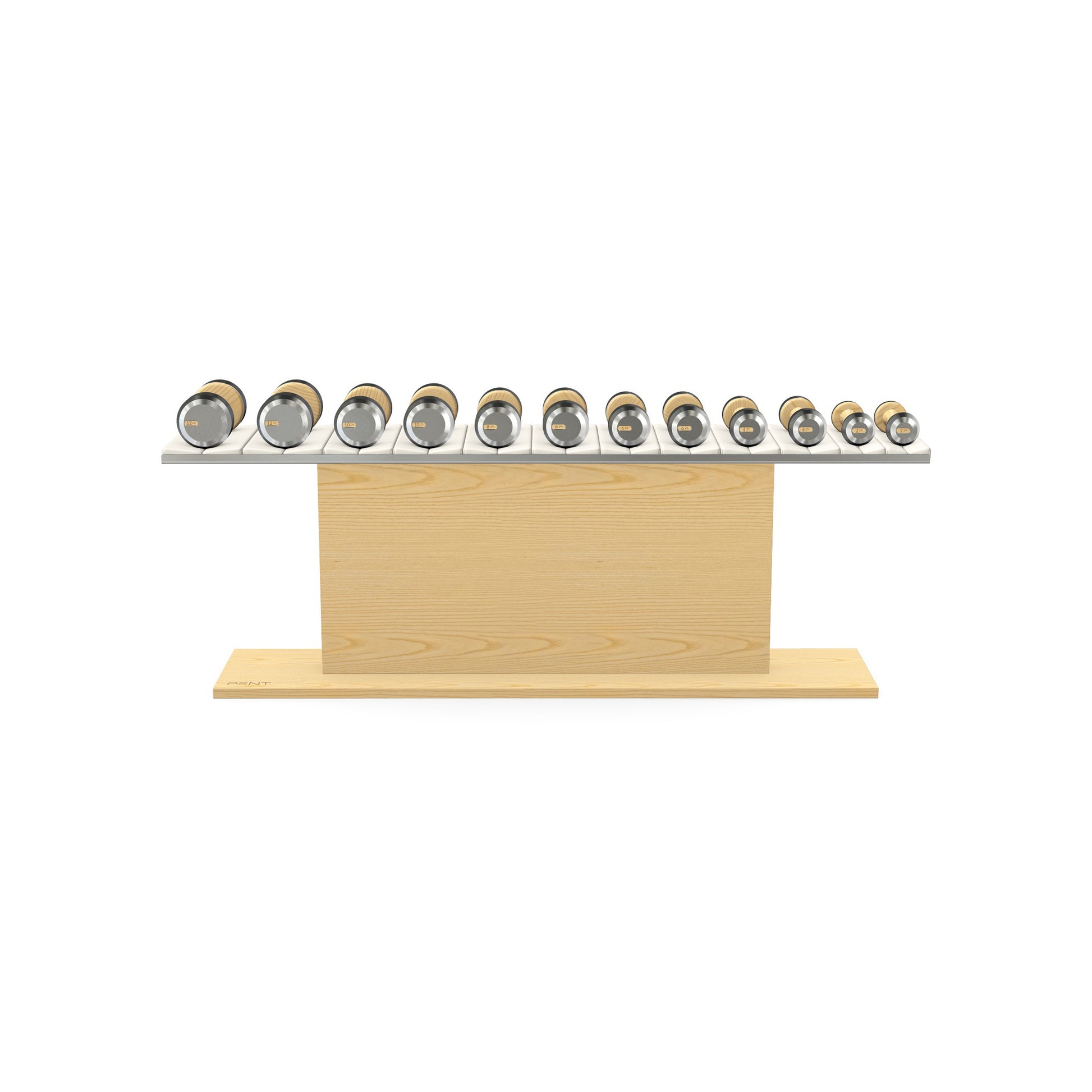 Luxury gym equipment, 6 pair of dumbbells on horizontal wooden stand, made with stainless steel, Italian white leather and natural ash wood.