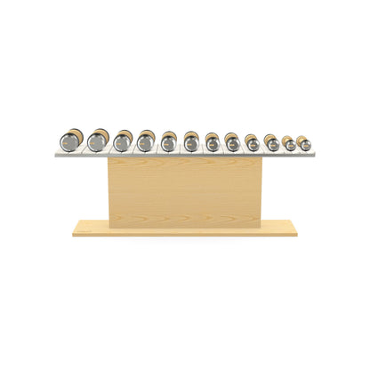 Luxury gym equipment, 6 pair of dumbbells on horizontal wooden stand, made with stainless steel, Italian white leather and natural ash wood.