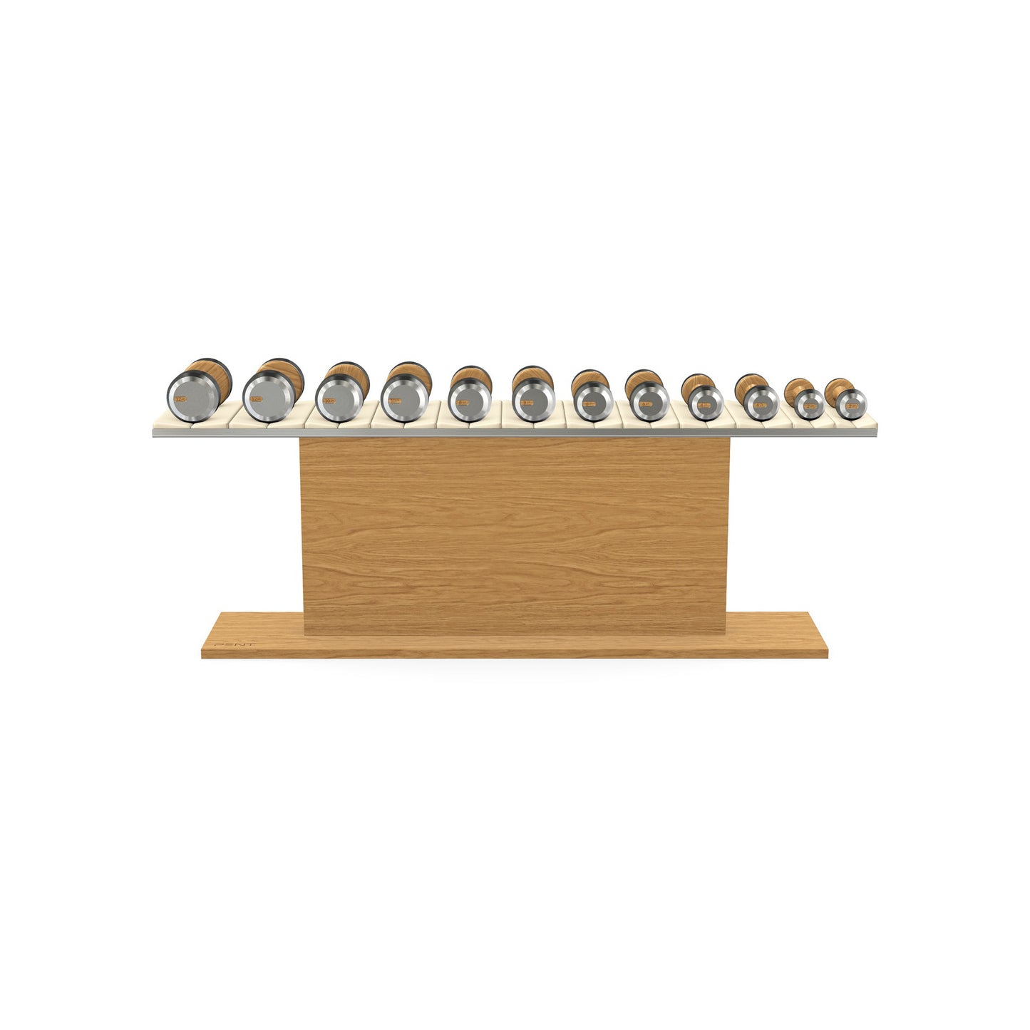 Luxury gym equipment, 6 pair of dumbbells on horizontal wooden stand, made with stainless steel, Italian beige leather and oak wood.