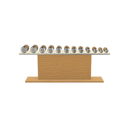 Luxury gym equipment, 6 pair of dumbbells on horizontal wooden stand, made with stainless steel, Italian beige leather and oak wood.