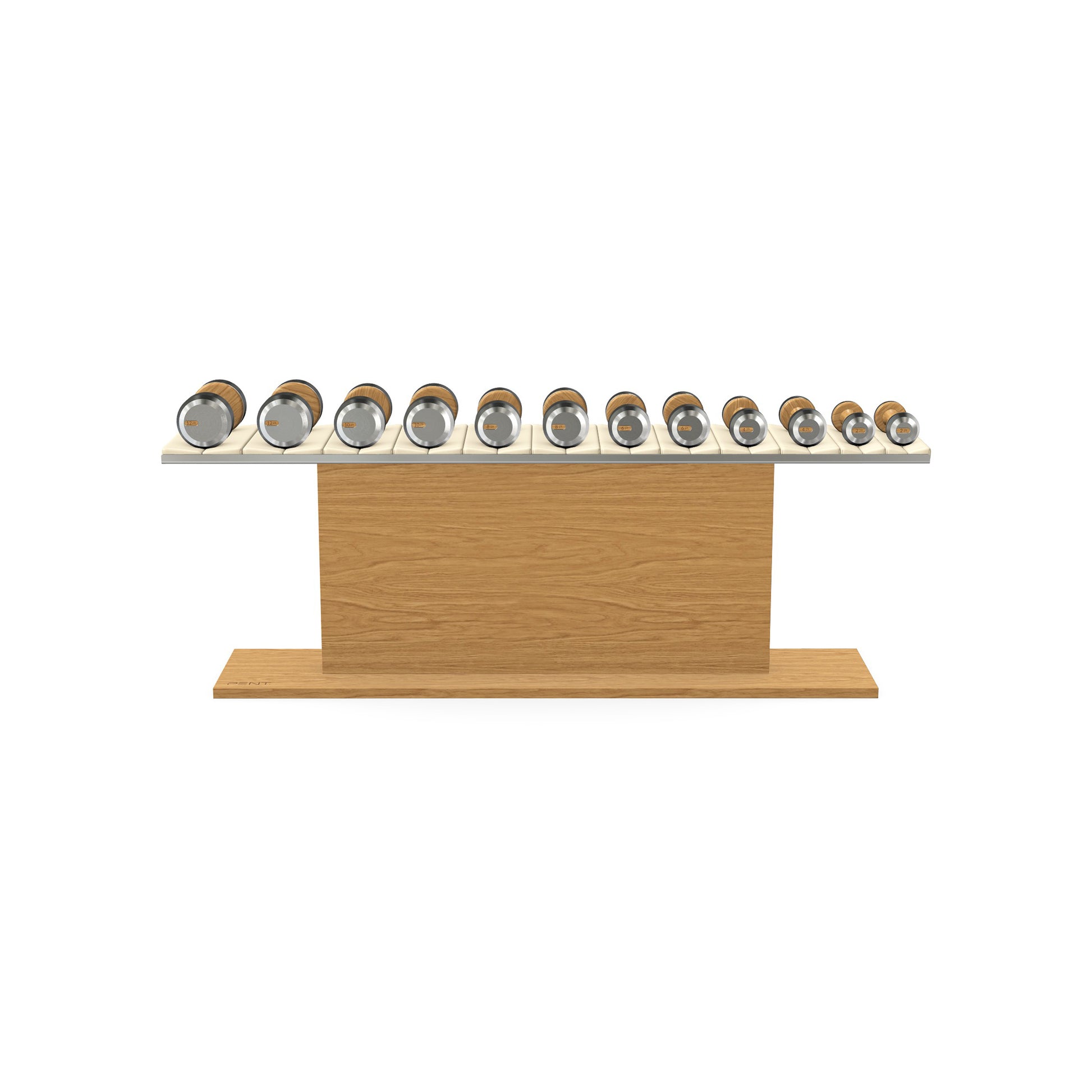 Luxury gym equipment, 6 pair of dumbbells on horizontal wooden stand, made with stainless steel, Italian beige leather and oak wood.