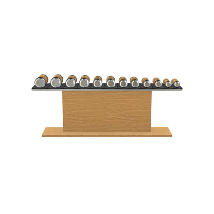 Luxury gym equipment, 6 pair of dumbbells on horizontal wooden stand, made with stainless steel, Italian black leather and oak wood.
