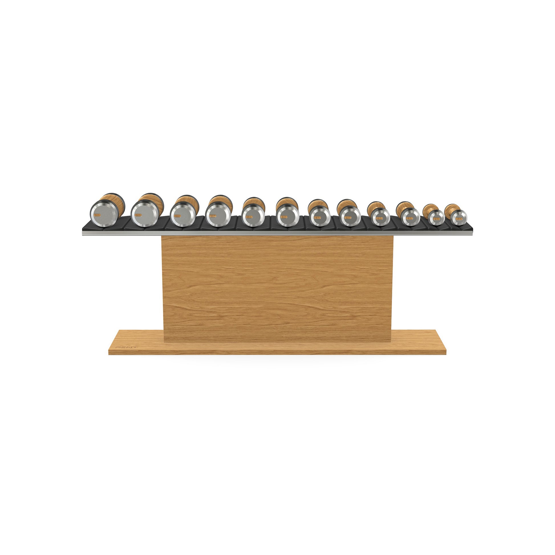 Luxury gym equipment, 6 pair of dumbbells on horizontal wooden stand, made with stainless steel, Italian black leather and oak wood.