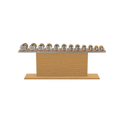 Luxury gym equipment, 6 pair of dumbbells on horizontal wooden stand, made with stainless steel, Italian brown leather and oak wood.