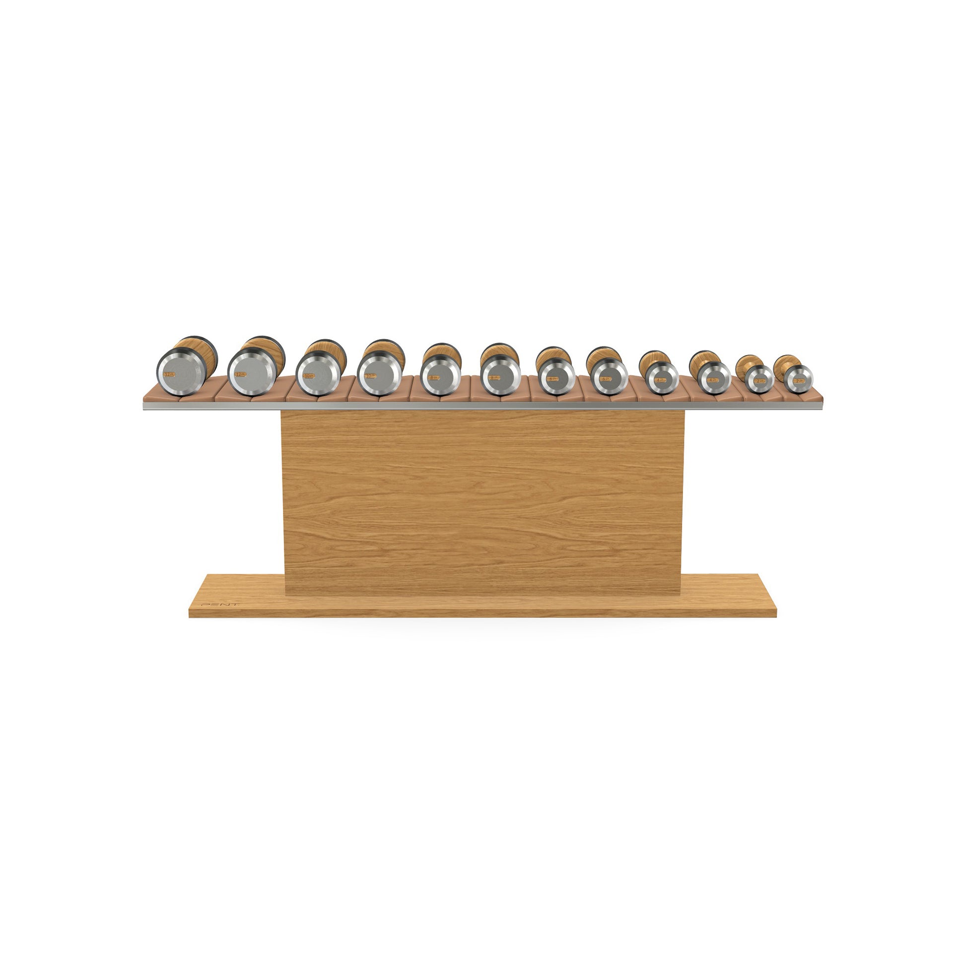 Luxury gym equipment, 6 pair of dumbbells on horizontal wooden stand, made with stainless steel, Italian brown leather and oak wood.