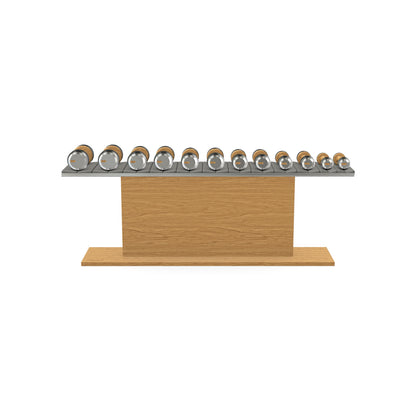 Luxury gym equipment, 6 pair of dumbbells on horizontal wooden stand, made with stainless steel, Italian grey leather and oak wood.