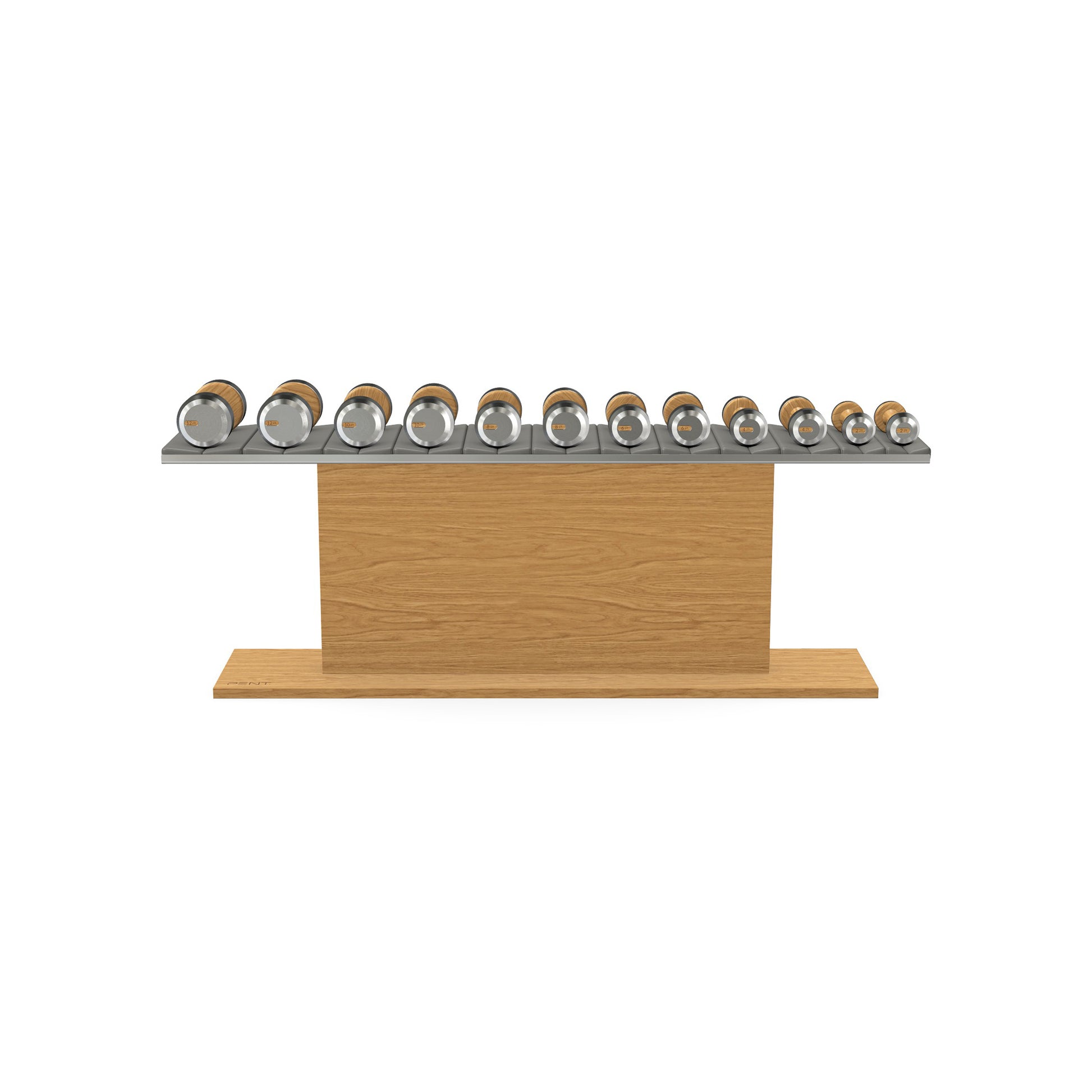 Luxury gym equipment, 6 pair of dumbbells on horizontal wooden stand, made with stainless steel, Italian grey leather and oak wood.