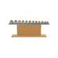 Luxury gym equipment, 6 pair of dumbbells on horizontal wooden stand, made with stainless steel, Italian grey leather and oak wood.