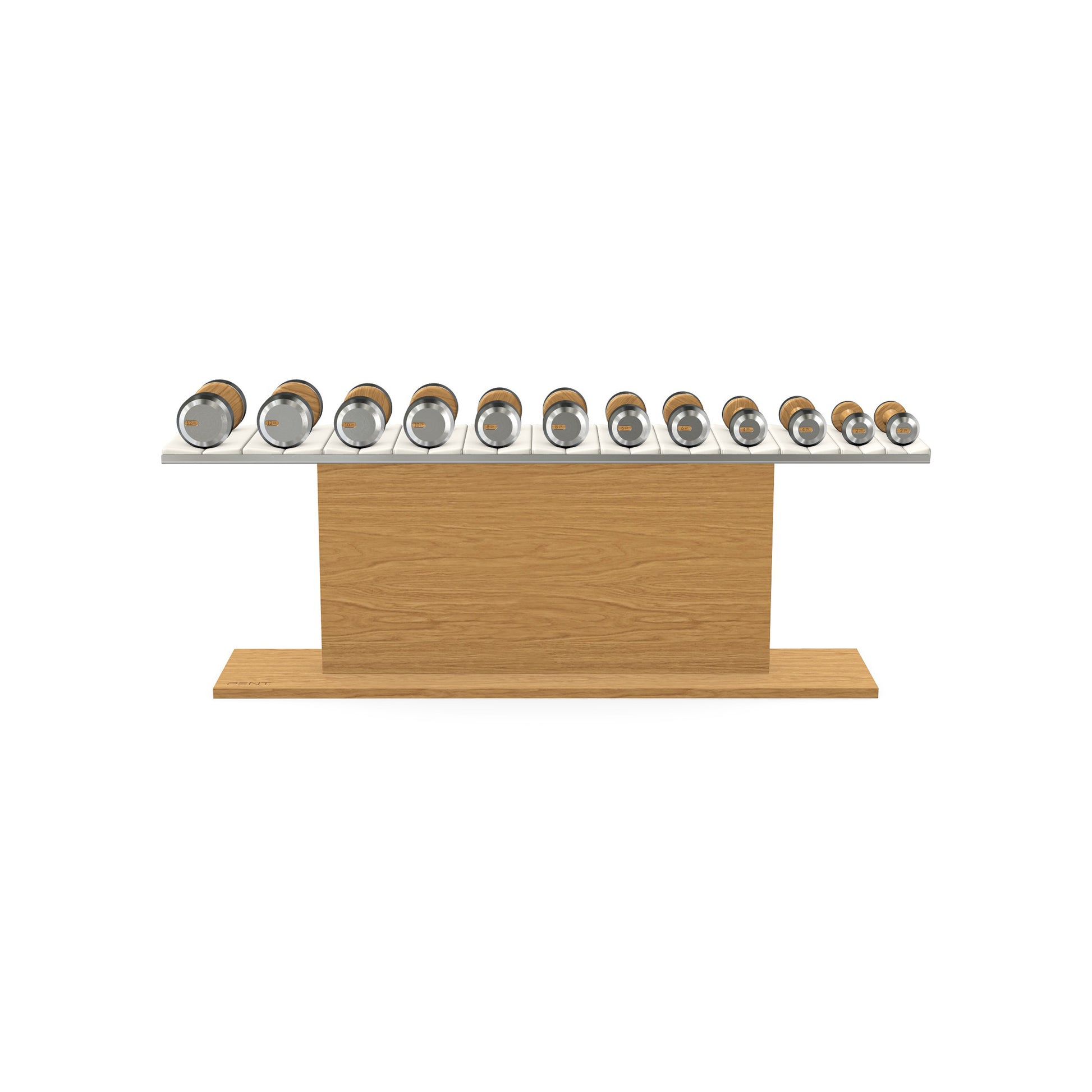 Luxury gym equipment, 6 pair of dumbbells on horizontal wooden stand, made with stainless steel, Italian white leather and oak wood.