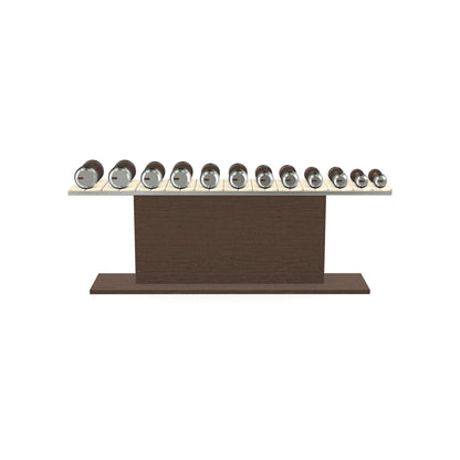 Luxury gym equipment, 6 pair of dumbbells on horizontal wooden stand, made with stainless steel, Italian beige leather and dark walnut wood.