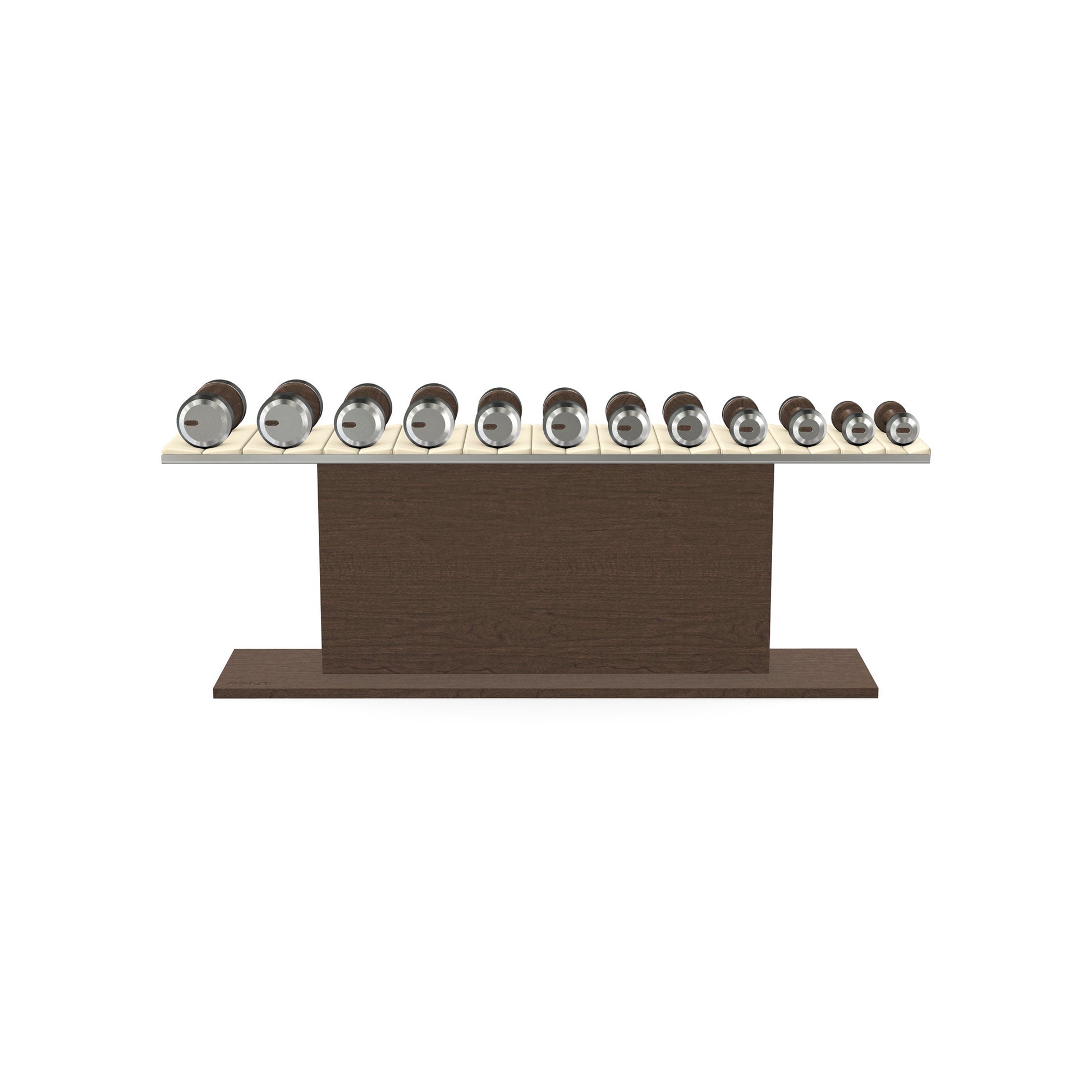 Luxury gym equipment, 6 pair of dumbbells on horizontal wooden stand, made with stainless steel, Italian beige leather and dark walnut wood.