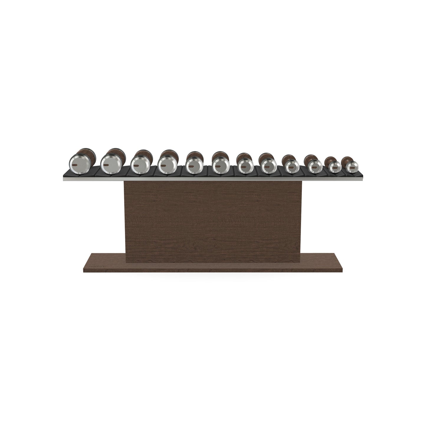 Luxury gym equipment, 6 pair of dumbbells on horizontal wooden stand, made with stainless steel, Italian black leather and dark walnut wood.