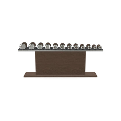 Luxury gym equipment, 6 pair of dumbbells on horizontal wooden stand, made with stainless steel, Italian black leather and dark walnut wood.