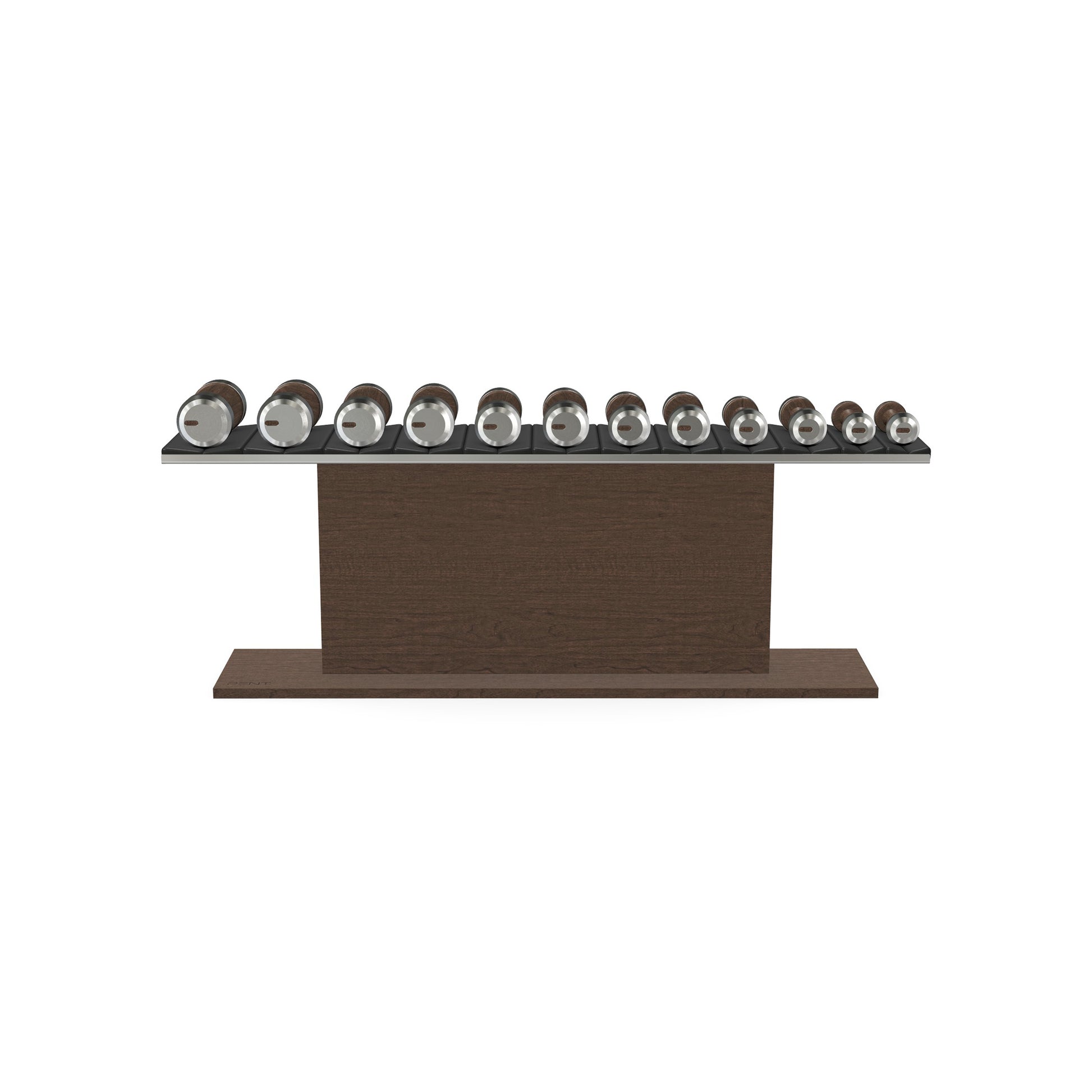 Luxury gym equipment, 6 pair of dumbbells on horizontal wooden stand, made with stainless steel, Italian black leather and dark walnut wood.
