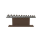 Luxury gym equipment, 6 pair of dumbbells on horizontal wooden stand, made with stainless steel, Italian black leather and dark walnut wood.