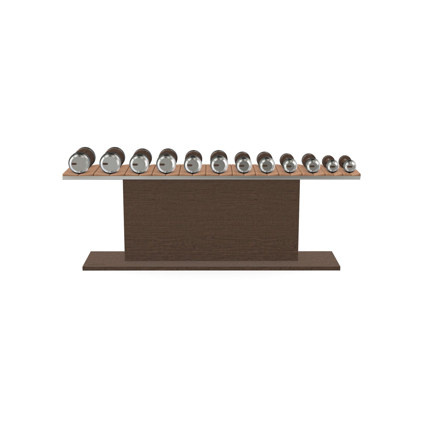 Luxury gym equipment, 6 pair of dumbbells on horizontal wooden stand, made with stainless steel, Italian brown leather and dark walnut wood.