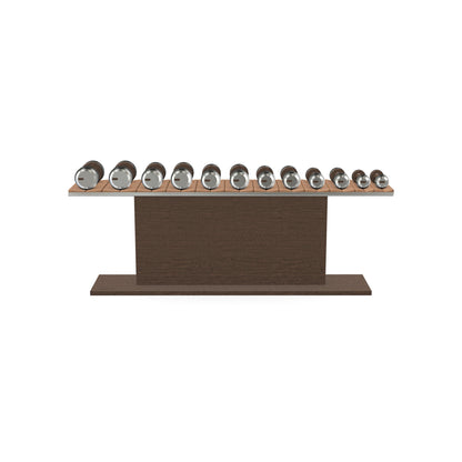 Luxury gym equipment, 6 pair of dumbbells on horizontal wooden stand, made with stainless steel, Italian brown leather and dark walnut wood.
