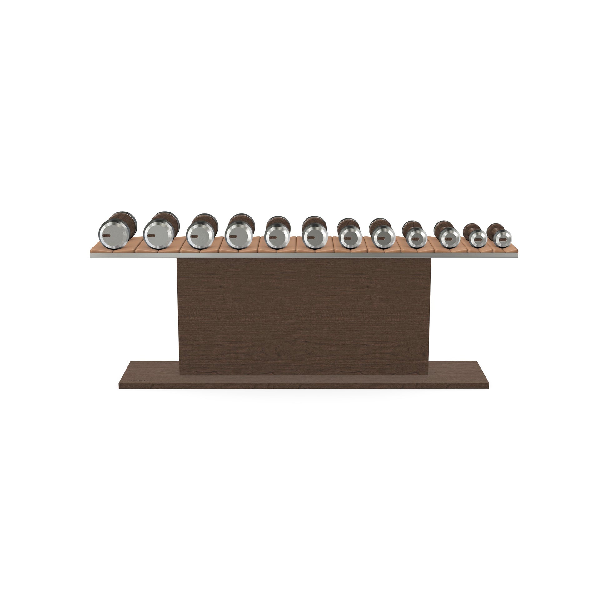 Luxury gym equipment, 6 pair of dumbbells on horizontal wooden stand, made with stainless steel, Italian brown leather and dark walnut wood.