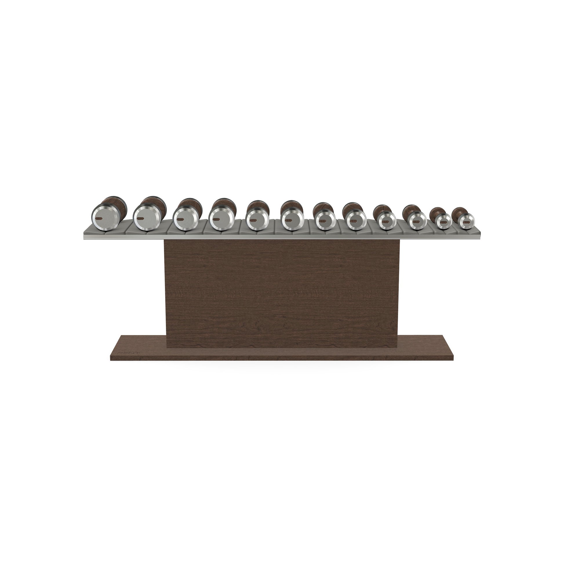 Luxury gym equipment, 6 pair of dumbbells on horizontal wooden stand, made with stainless steel, Italian grey leather and dark walnut wood.