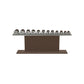 Luxury gym equipment, 6 pair of dumbbells on horizontal wooden stand, made with stainless steel, Italian grey leather and dark walnut wood.