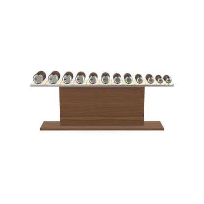Luxury gym equipment, 6 pair of dumbbells on horizontal wooden stand, made with stainless steel, Italian beige leather and natural walnut wood.