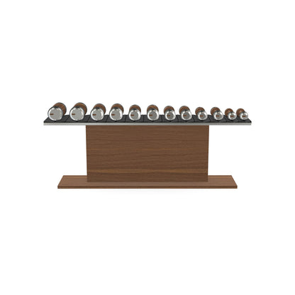 Luxury gym equipment, 6 pair of dumbbells on horizontal wooden stand, made with stainless steel, Italian black leather and natural walnut wood.