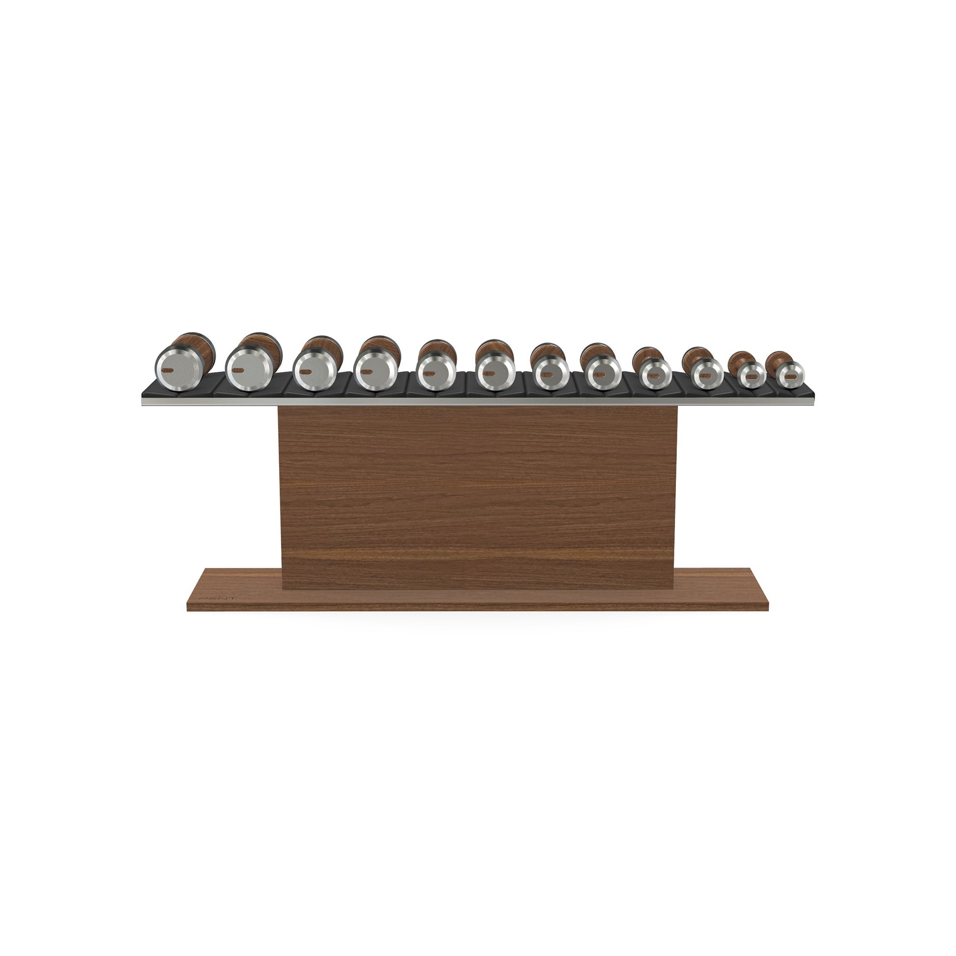 Luxury gym equipment, 6 pair of dumbbells on horizontal wooden stand, made with stainless steel, Italian black leather and natural walnut wood.