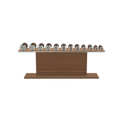 Luxury gym equipment, 6 pair of dumbbells on horizontal wooden stand, made with stainless steel, Italian brown leather and natural walnut wood.