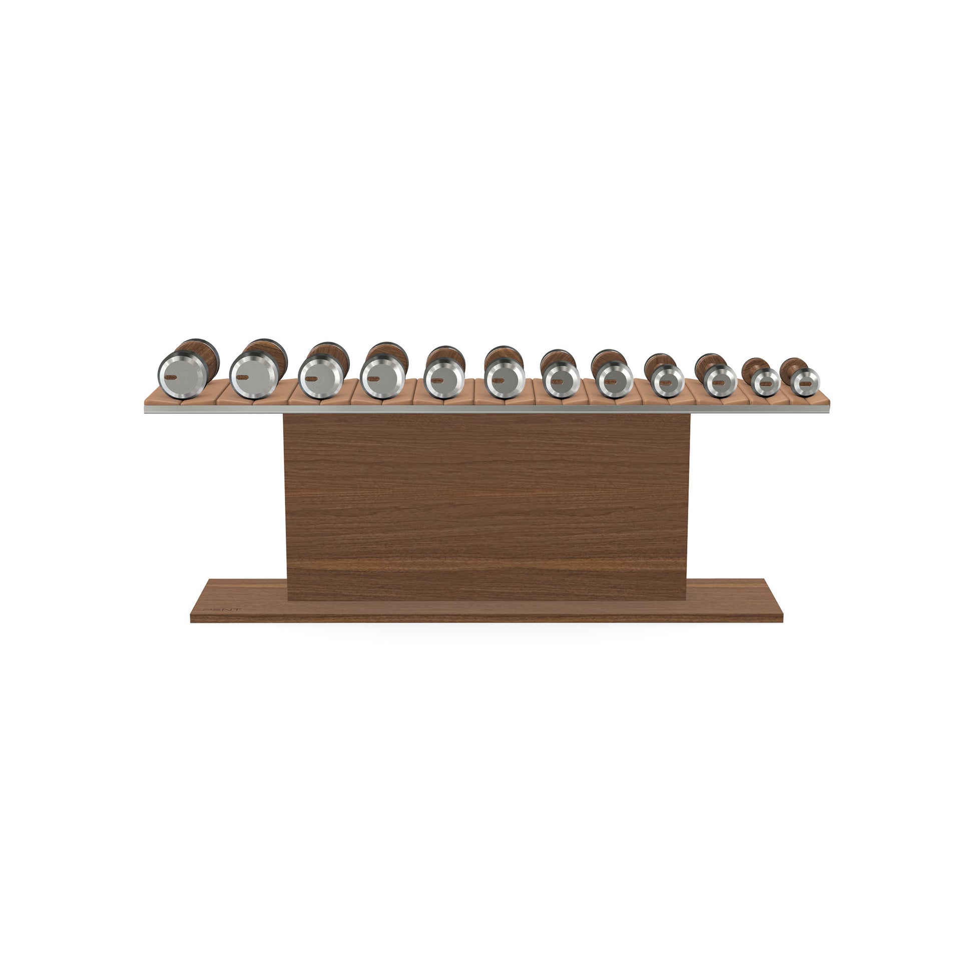 Luxury gym equipment, 6 pair of dumbbells on horizontal wooden stand, made with stainless steel, Italian brown leather and natural walnut wood.