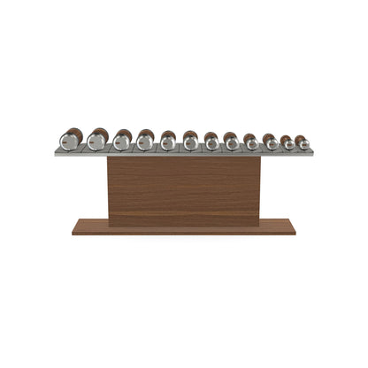 Luxury gym equipment, 6 pair of dumbbells on horizontal wooden stand, made with stainless steel, Italian grey leather and natural walnut wood.