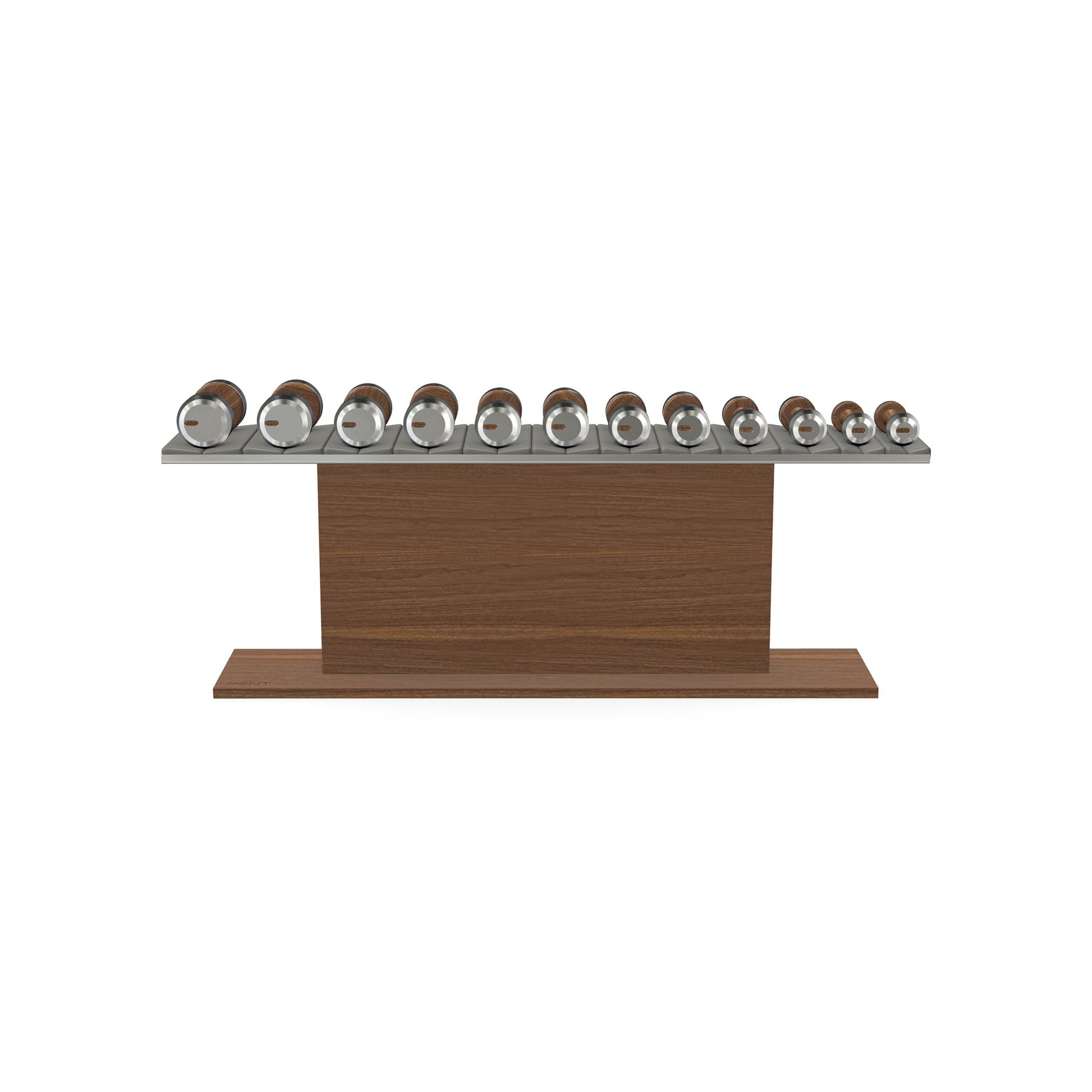 Luxury gym equipment, 6 pair of dumbbells on horizontal wooden stand, made with stainless steel, Italian grey leather and natural walnut wood.