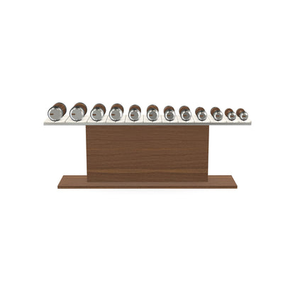 Luxury gym equipment, 6 pair of dumbbells on horizontal wooden stand, made with stainless steel, Italian white leather and natural walnut wood.