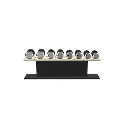 Luxury gym equipment, 4 pair of dumbbells on horizontal wooden stand, made with stainless steel, Italian beige leather and black ash wood.