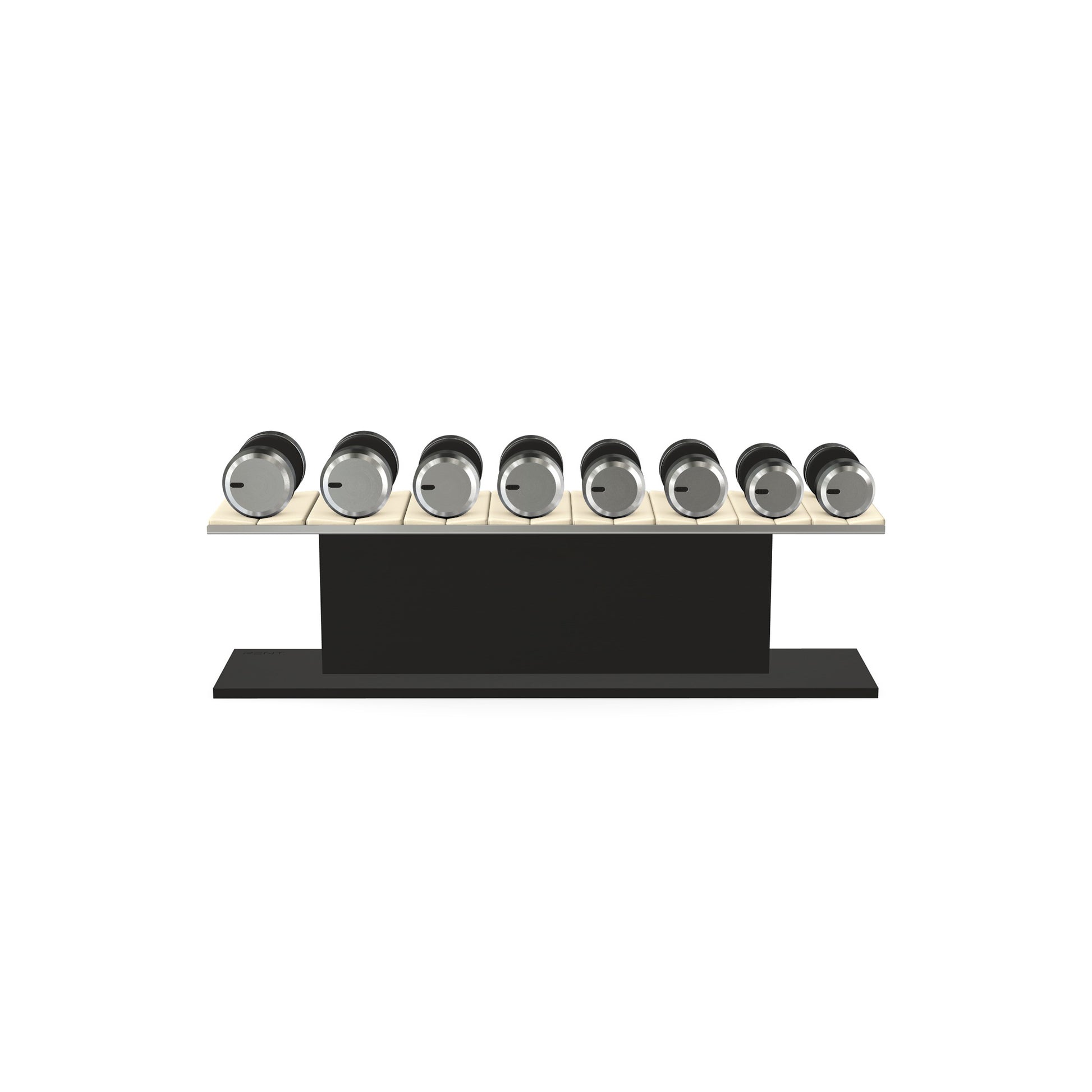 Luxury gym equipment, 4 pair of dumbbells on horizontal wooden stand, made with stainless steel, Italian beige leather and black ash wood.