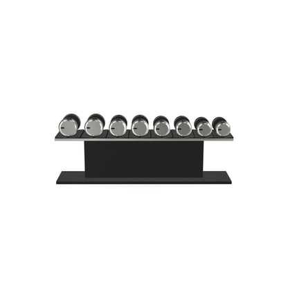 Luxury gym equipment, 4 pair of dumbbells on horizontal wooden stand, made with stainless steel, Italian black leather and black ash wood.
