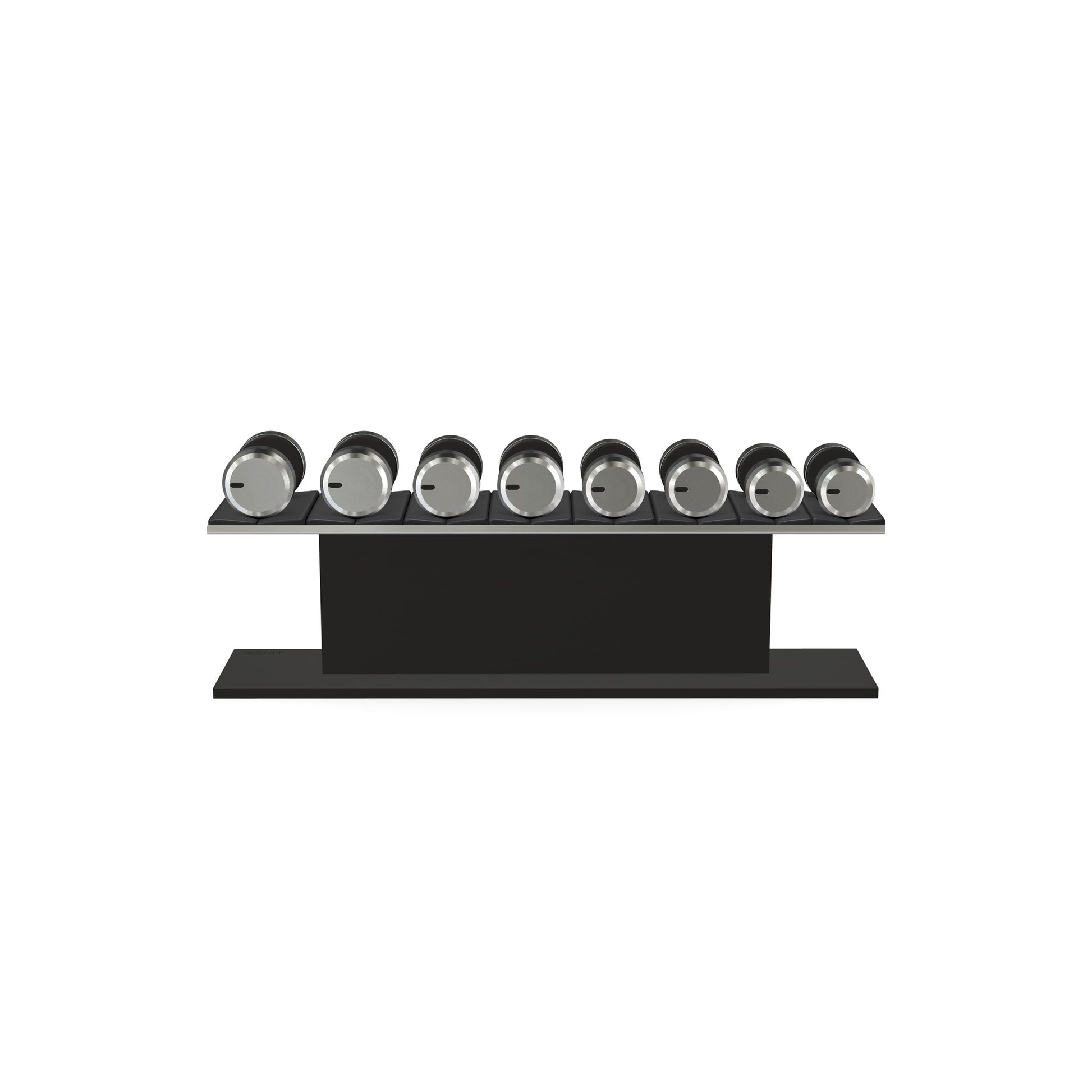 Luxury gym equipment, 4 pair of dumbbells on horizontal wooden stand, made with stainless steel, Italian black leather and black ash wood.