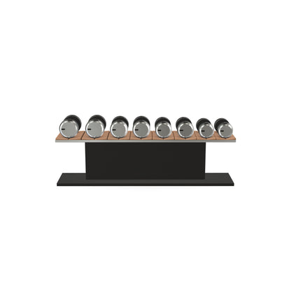 Luxury gym equipment, 4 pair of dumbbells on horizontal wooden stand, made with stainless steel, Italian brown leather and black ash wood.