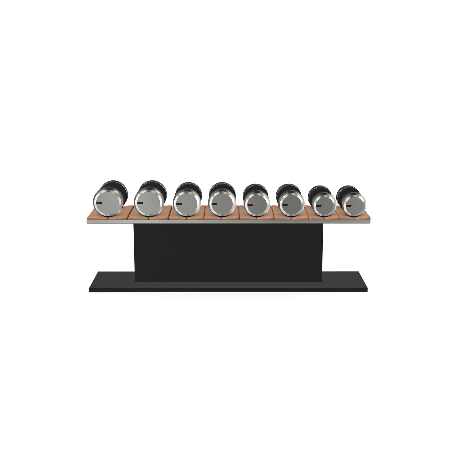 Luxury gym equipment, 4 pair of dumbbells on horizontal wooden stand, made with stainless steel, Italian brown leather and black ash wood.