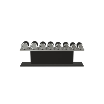 Luxury gym equipment, 4 pair of dumbbells on horizontal wooden stand, made with stainless steel, Italian grey leather and black ash wood.