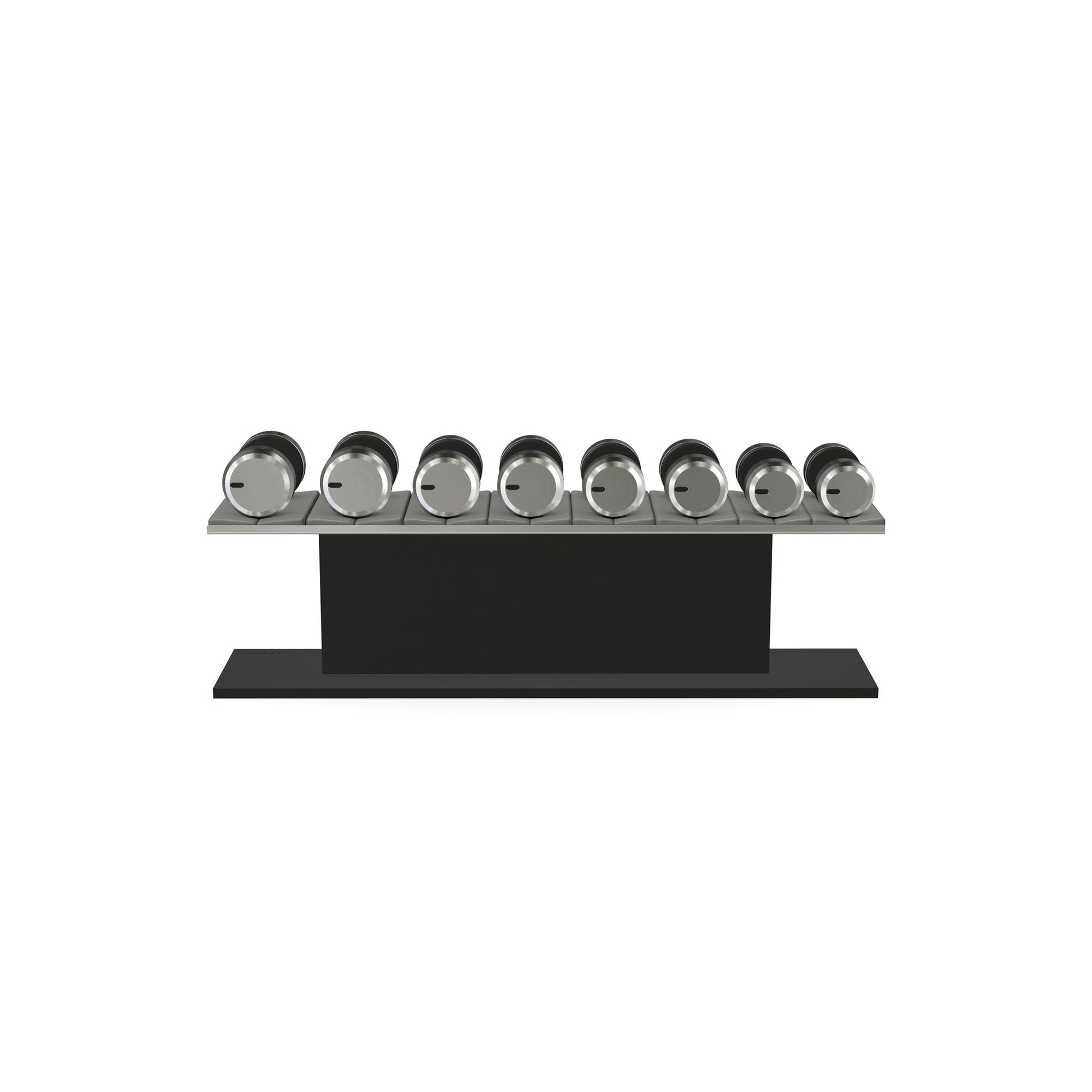 Luxury gym equipment, 4 pair of dumbbells on horizontal wooden stand, made with stainless steel, Italian grey leather and black ash wood.