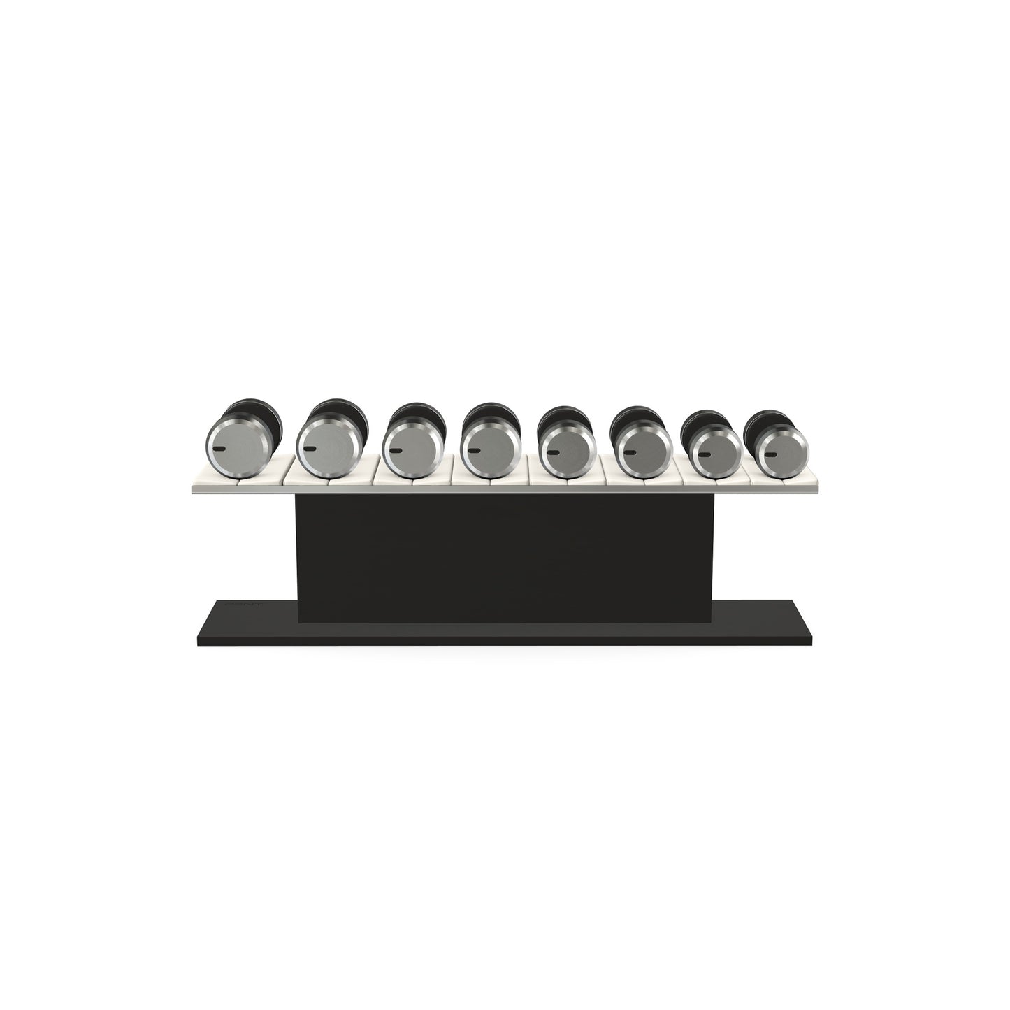 Luxury gym equipment, 4 pair of dumbbells on horizontal wooden stand, made with stainless steel, Italian white leather and black ash wood.