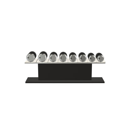 Luxury gym equipment, 4 pair of dumbbells on horizontal wooden stand, made with stainless steel, Italian white leather and black ash wood.