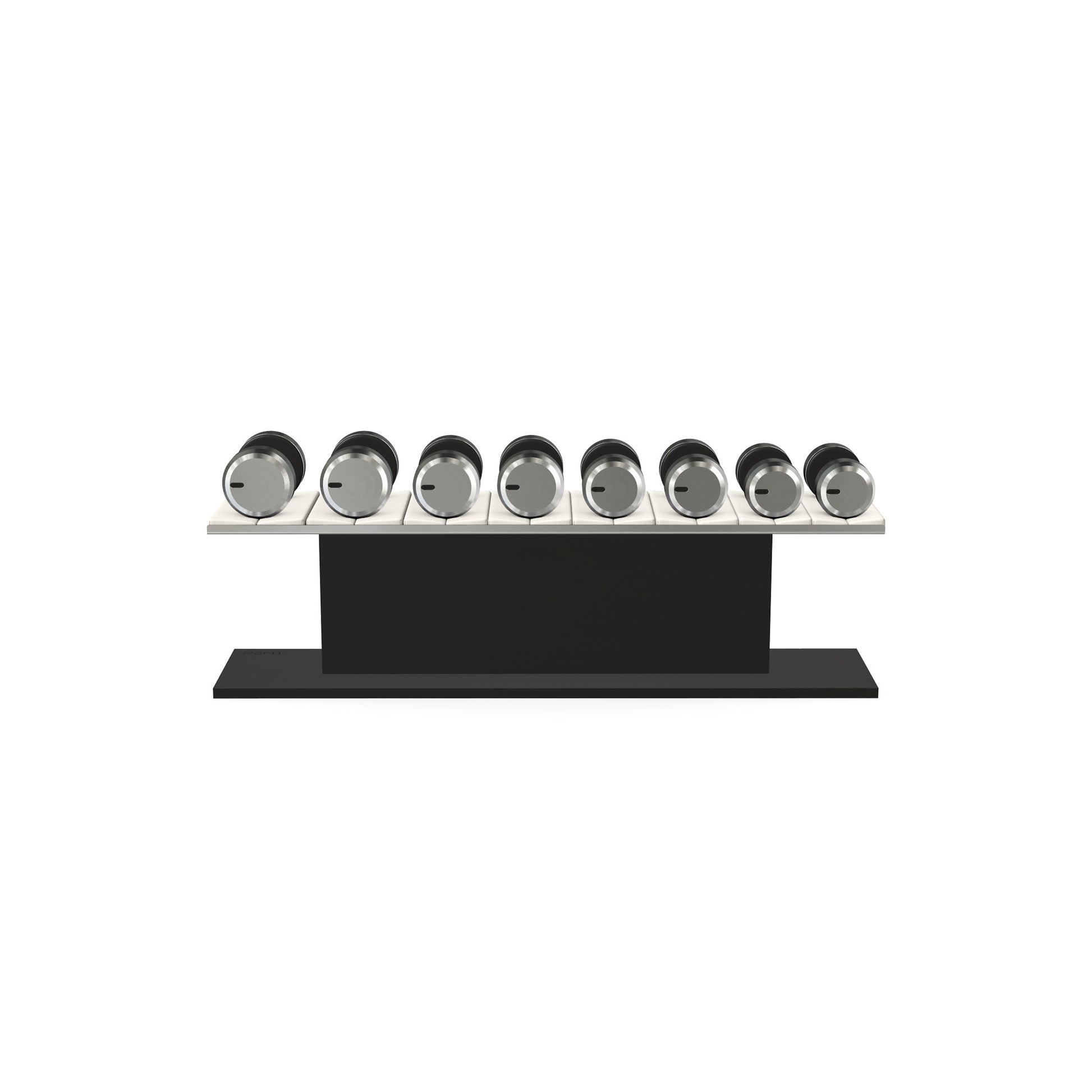 Luxury gym equipment, 4 pair of dumbbells on horizontal wooden stand, made with stainless steel, Italian white leather and black ash wood.