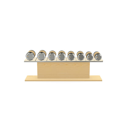 Luxury gym equipment, 4 pair of dumbbells on horizontal wooden stand, made with stainless steel, Italian beige leather and natural ash wood.