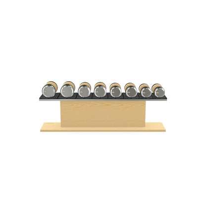 Luxury gym equipment, 4 pair of dumbbells on horizontal wooden stand, made with stainless steel, Italian black leather and natural ash wood.
