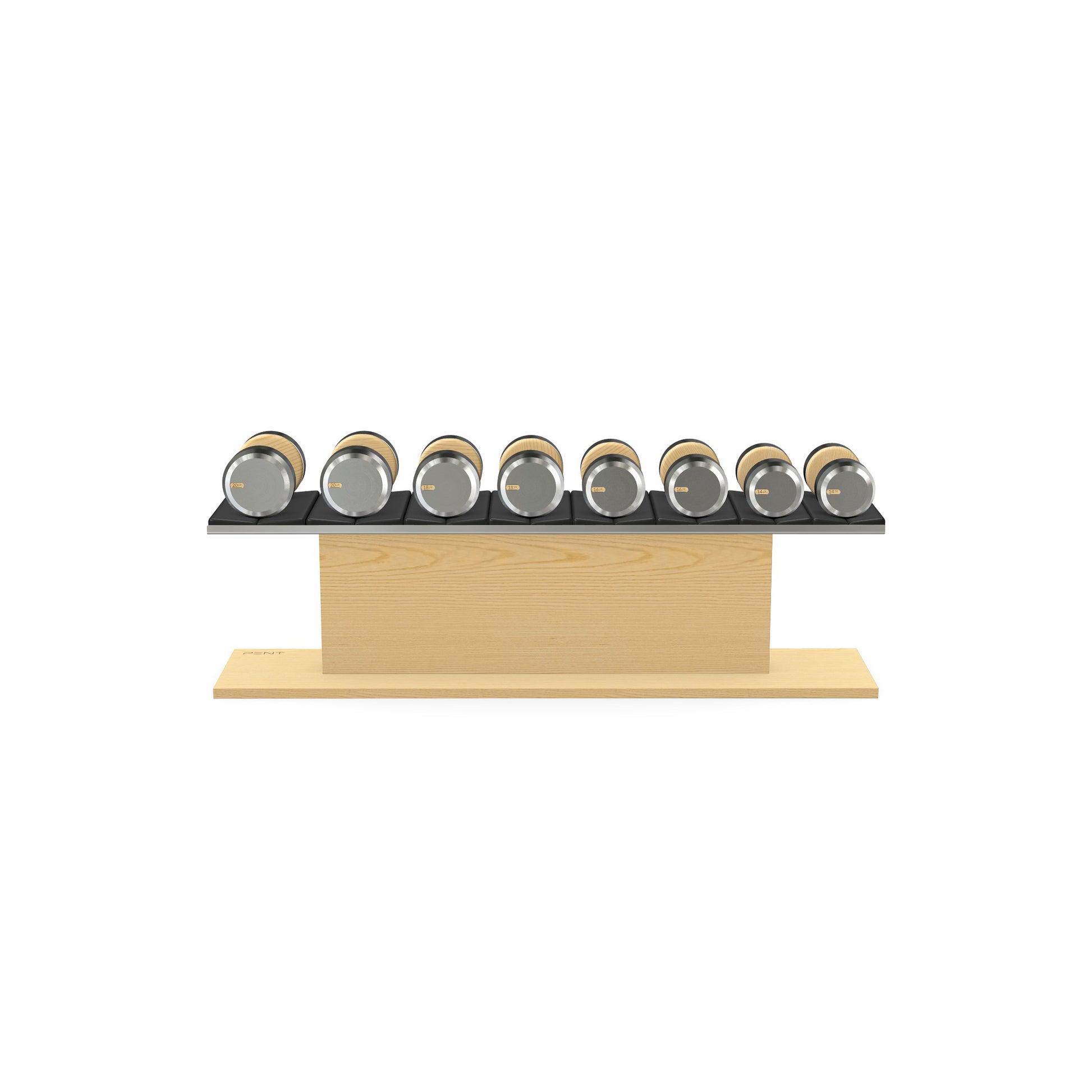 Luxury gym equipment, 4 pair of dumbbells on horizontal wooden stand, made with stainless steel, Italian black leather and natural ash wood.