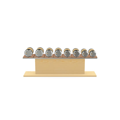 Luxury gym equipment, 4 pair of dumbbells on horizontal wooden stand, made with stainless steel, Italian brown leather and natural ash wood.