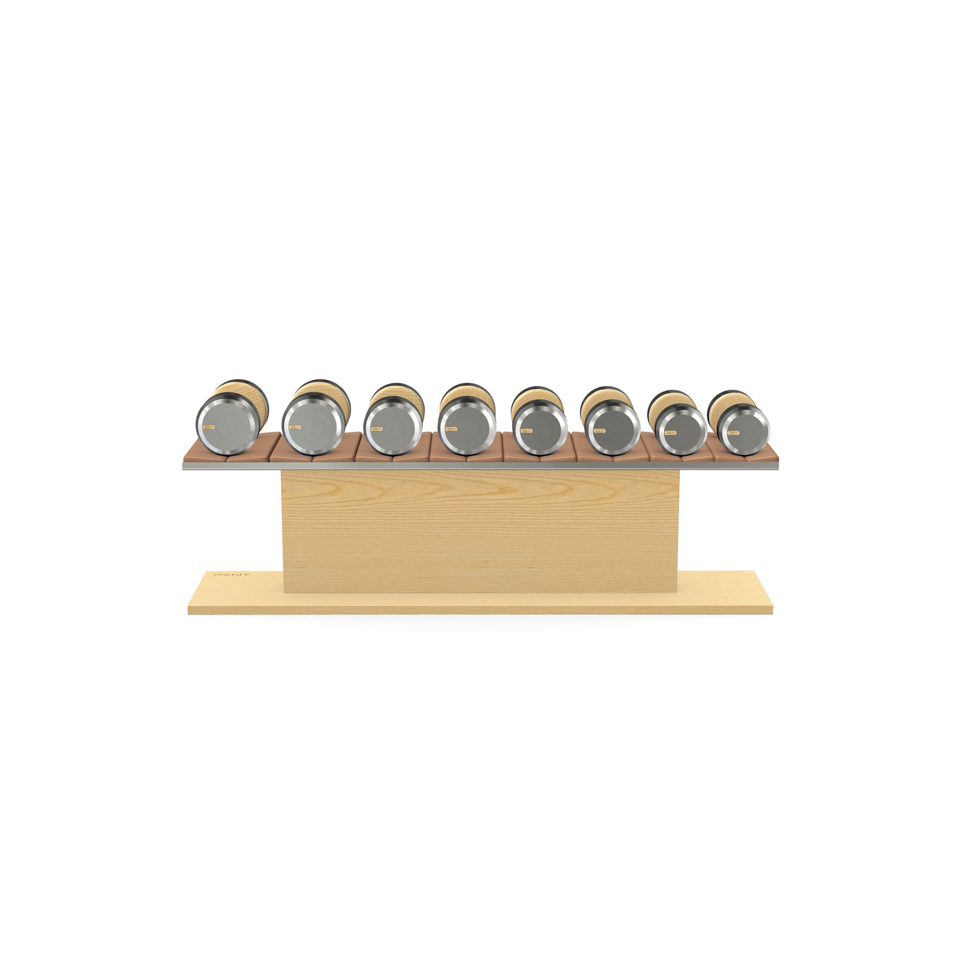 Luxury gym equipment, 4 pair of dumbbells on horizontal wooden stand, made with stainless steel, Italian brown leather and natural ash wood.